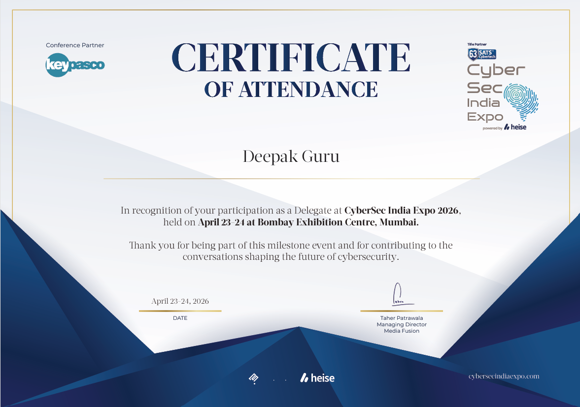 CyberSec India Expo 2026 Certificate